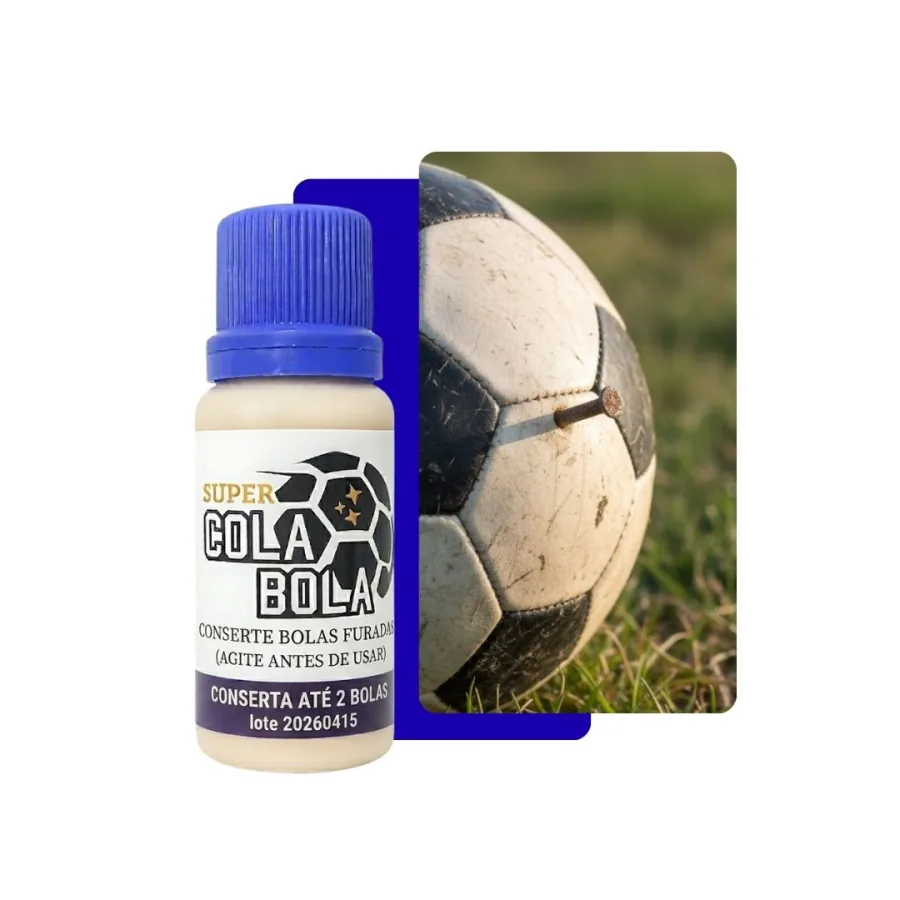 Bola de futebol furada ao lado do frasco Super Cola Bola